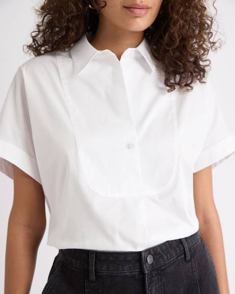 Blouse Blanche en Popeline à Manches Très Courtes et Col Chemisier