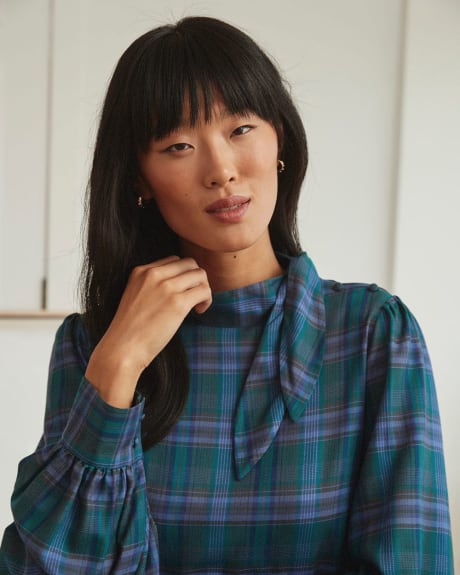 Plaid Long-Sleeve Popover Blouse with Bow Tie
