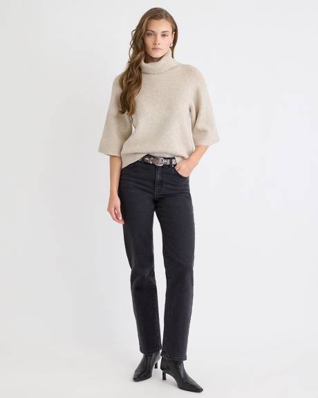 Elbow-Sleeve Mock-Neck Loose Sweater