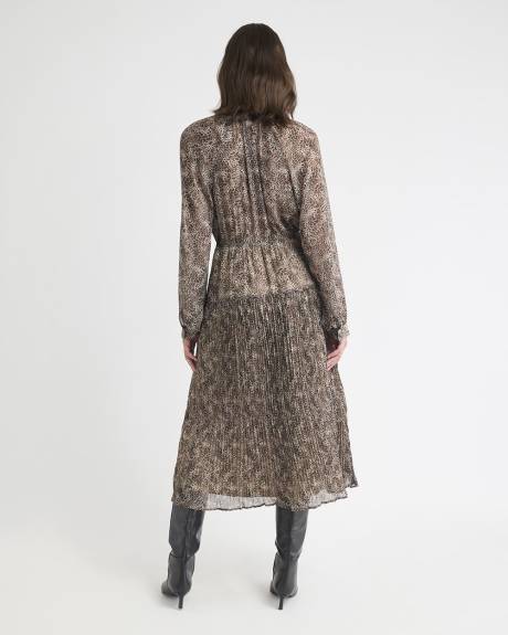 Robe Midi à Manches Longues et Col V à Motif Léopard