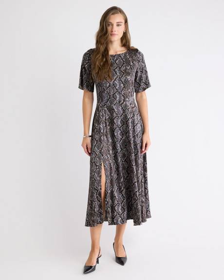 Short-Sleeve Satin Fit-and-Flare Midi Dress