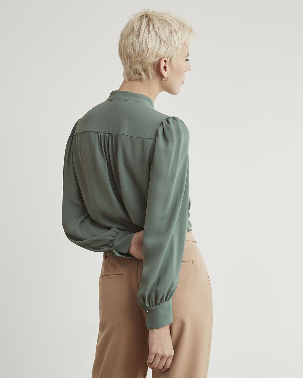 Long-Sleeve Buttoned-Down Silky Crepe Blouse
