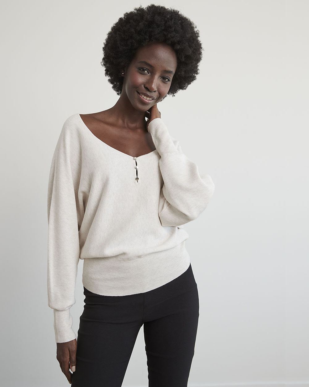 Batwing-Sleeve Sweater with Sweetheart Neckline