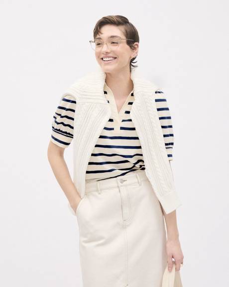 Polo Ray&eacute; &agrave; Col V et Manches aux Coudes Bouffantes