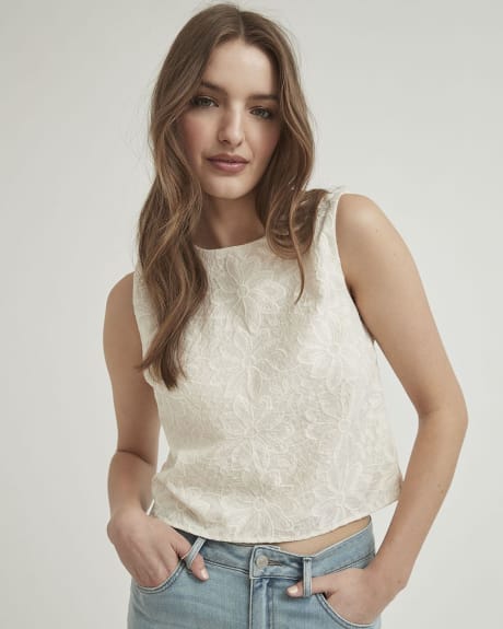 Embroidered Floral Crew-Neck Sleeveless Blouse