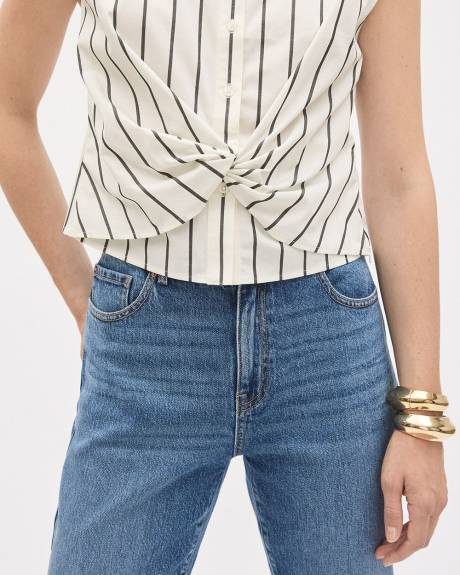 Sleeveless Buttoned-Down Striped Poplin Blouse with Twisted Detail