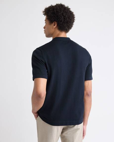 Short-Sleeve Buttoned-Down Textured Sweater with Shirt Collar