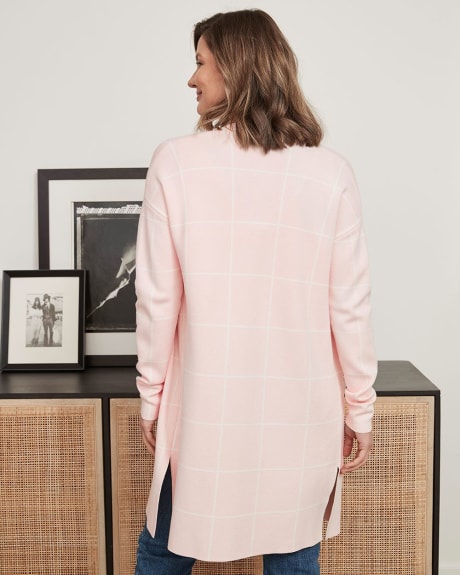 Window Pane Long Open Cardigan with Patch Pockets