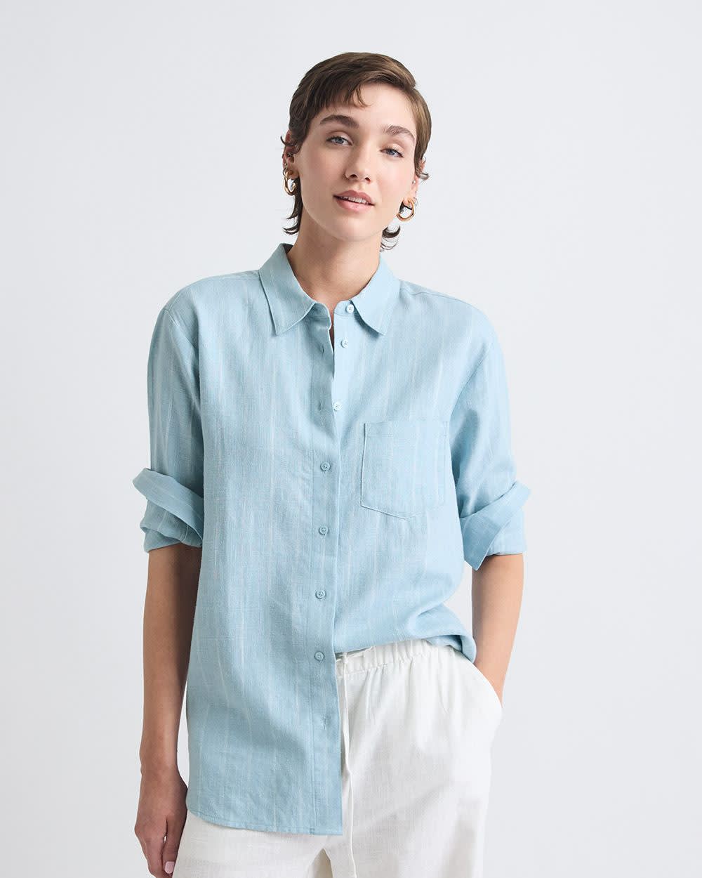 Striped Long-Sleeve Buttoned-Down Linen Blouse