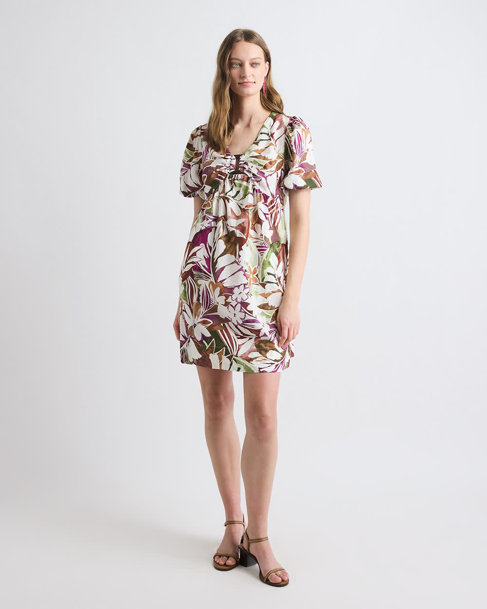 Short-Puffy-Sleeve V-Neck Fluid Mini Dress