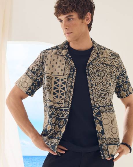 Regular-Fit Short-Sleeve Cotton Shirt with Camp Collar