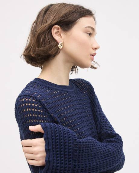 Pull en Mailles Pointelle &agrave; Col Rond et Manches Longues en Cloche