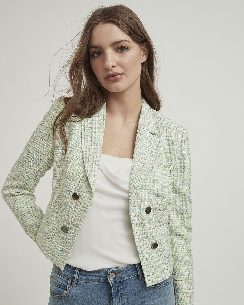 Green Tweed Faux Double-Breasted Cropped Blazer