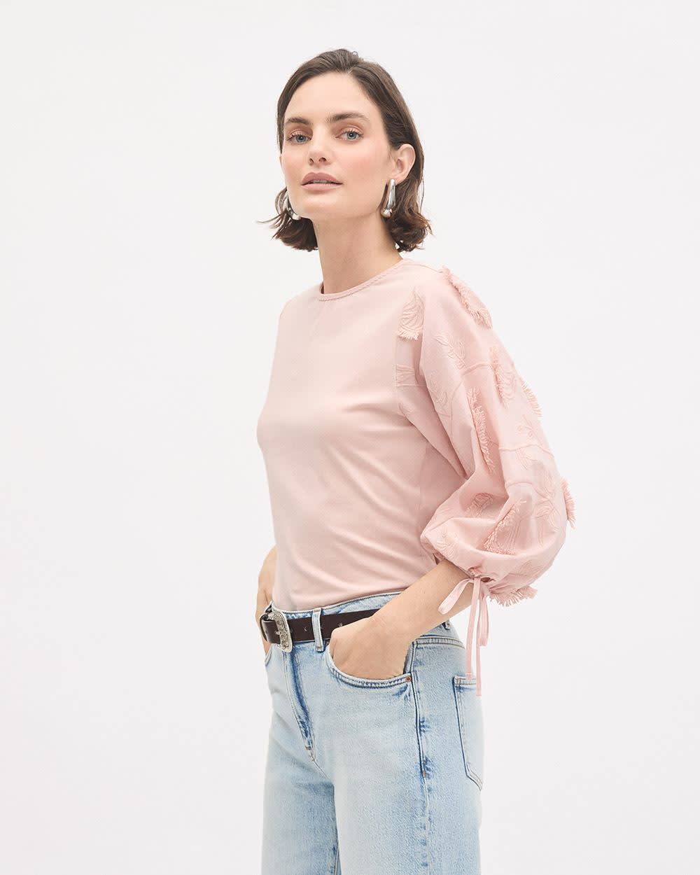 Long-Sleeve Crew-Neck Top with Embroidered Details