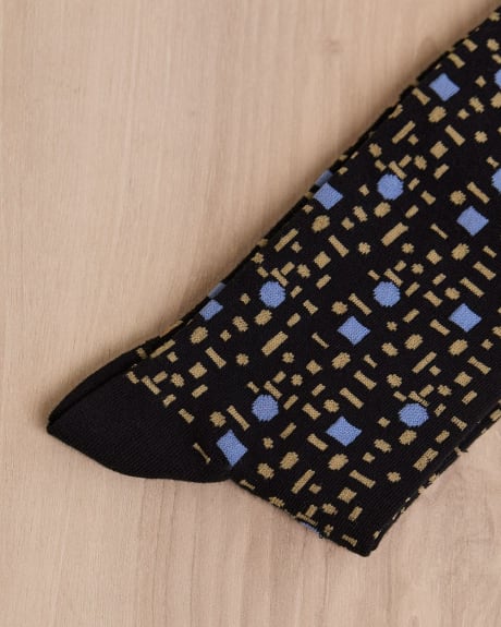 Black Dress Socks with Tan and Blue Geo Pattern