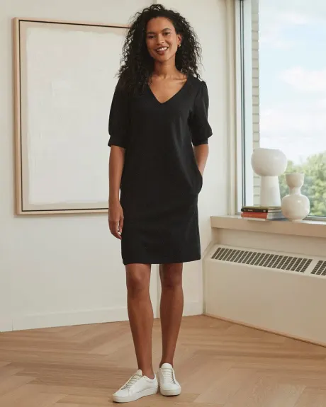 Black Short Puffy Sleeve V-Neck Shift Dress with Metallic Buttons at Back