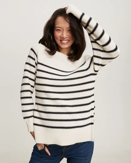Striped Crew-Neck Nursing Sweater with Back V Detail - Thyme Maternity