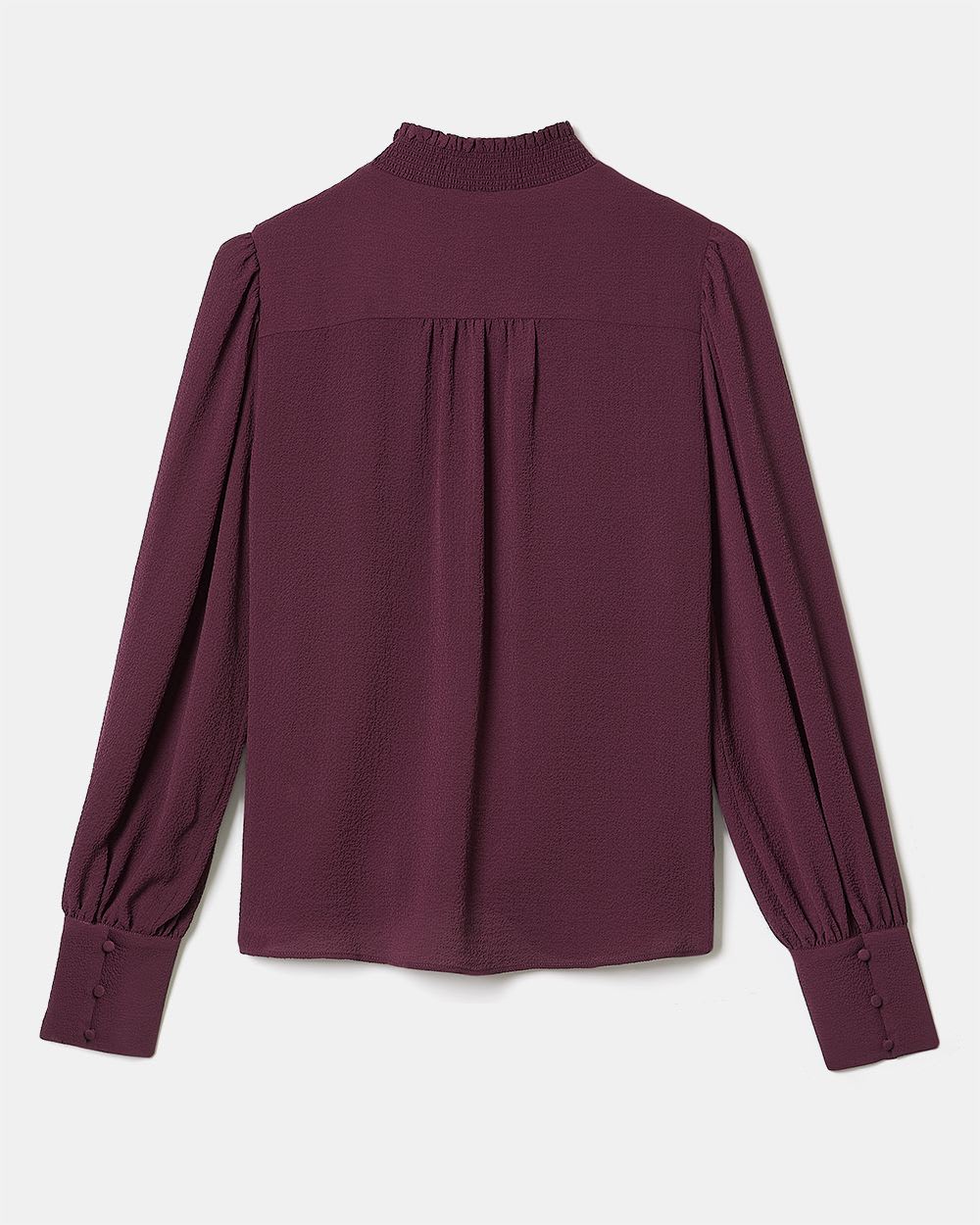 Grainy Dobby Long Sleeve Blouse with Smocking and Buttoned Neckline