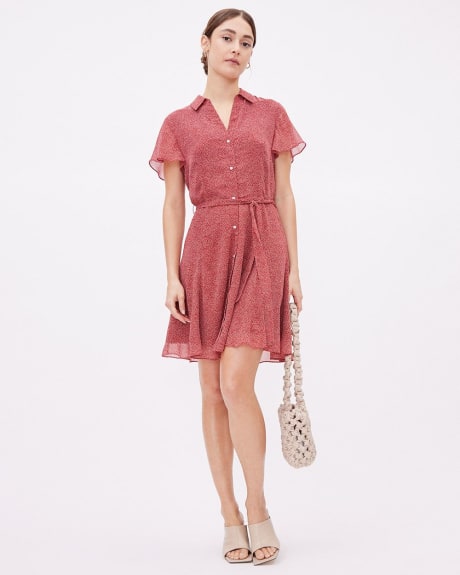 Short-Sleeve Shirt-Collar Fit and Flare Belted Dress
