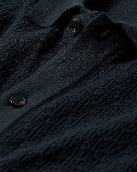 Short-Sleeve Buttoned-Down Textured Sweater with Shirt Collar