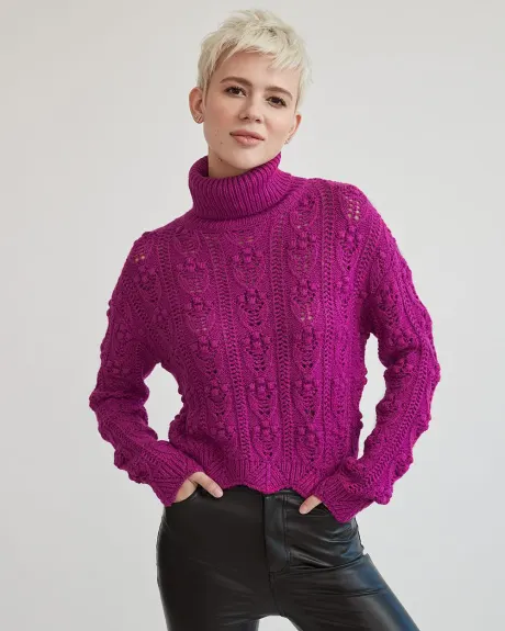 Pointelle Bobble Stitch Cropped Turtleneck Sweater
