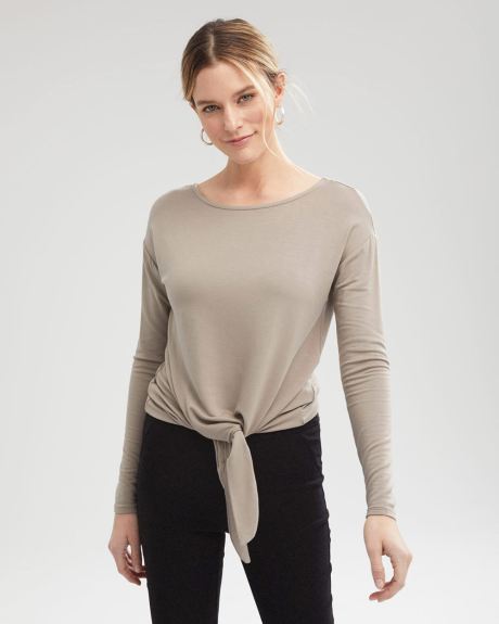 Long Sleeve French Terry Boat-Neck T-Shirt With Waist Tie