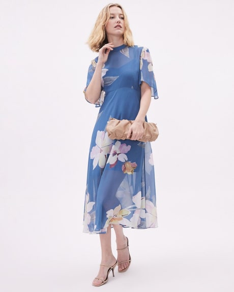 Fit and Flare Midi Dress with Short Flutter Sleeves