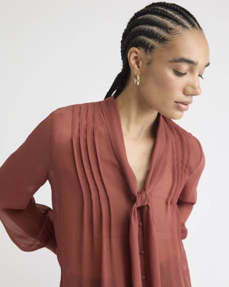 Long-Sleeve V-Neck Blouse with Ribbon at Neckline
