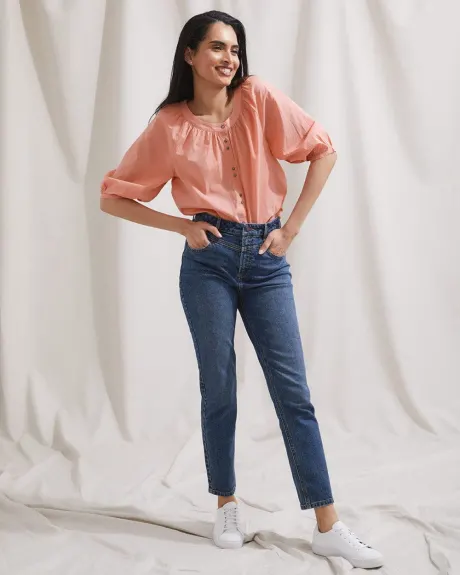 Puffy 3/4 Sleeves Popover Blouse with Buttoned Front