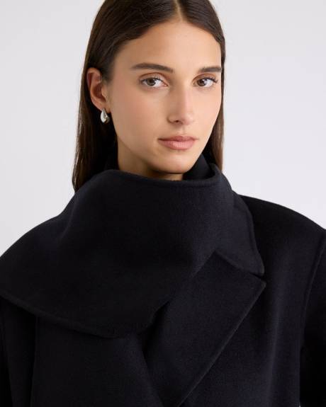 Manteau Long à Boutonnage Double en Mélange de Laine et Cachemire avec Foulard Amovible