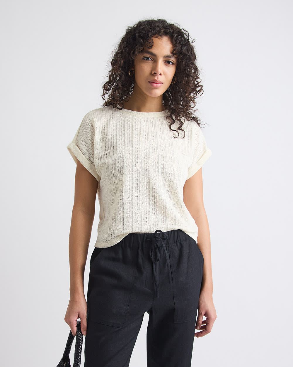 Extended-Sleeve Crew-Neck Crochet Top