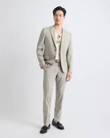 Pantalon de Complet Carreauté Beige à Coupe Étroite