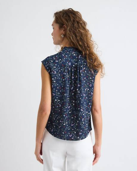 Sleeveless Mock-Neck Buttoned-Down Blouse with Ruffled Trim