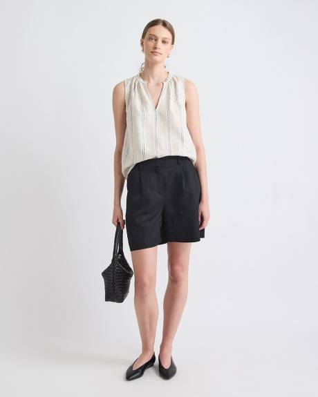 Blouse Rayée en Mélange de Lin Sans Manches à Col V