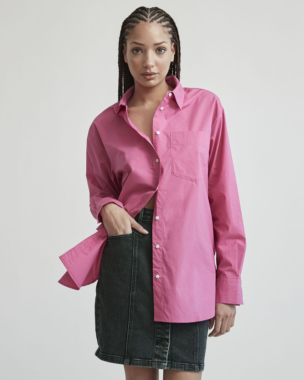 Poplin Long Sleeve Buttoned Blouse with Pocket