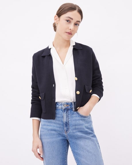 Cropped Cardigan with Shirt Collar