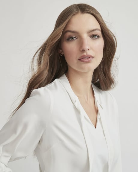 White Long Pleated Sleeve Popover Blouse with Neck Tie