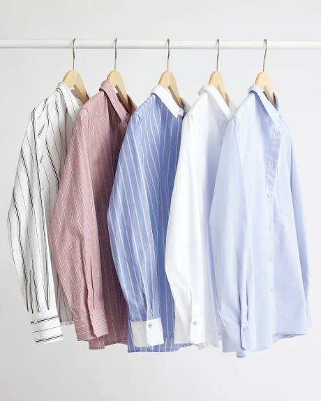 Striped Long-Sleeve Buttoned-Down Poplin Blouse with Contrasting Details