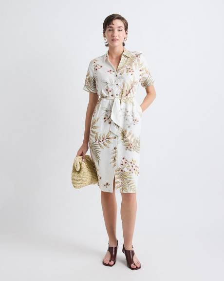 Robe en M&eacute;lange de Lin &agrave; Manches Courtes et Col Chemisier