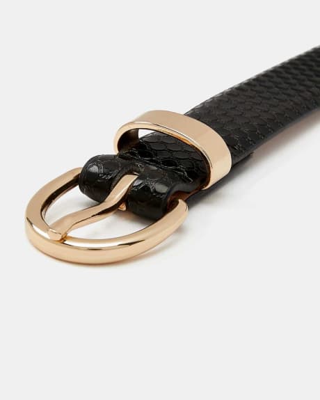 Black Imitation Snakeskin Belt with Golden Buckle