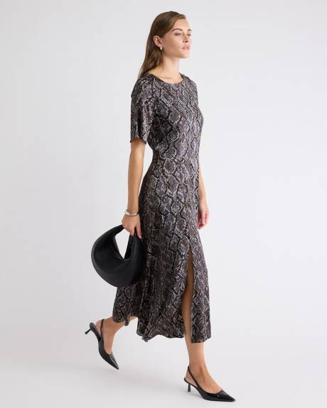 Short-Sleeve Satin Fit-and-Flare Midi Dress