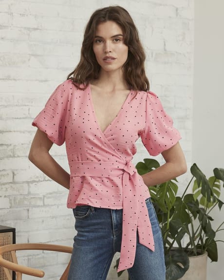 Wrap Neckline Crinkle Blouse with Short Puffy Sleeves