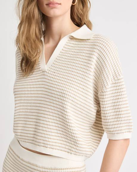 Elbow-Sleeve Polo Sweater in Fancy Stitches