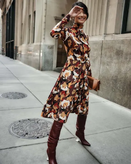 Fine Jersey Fit and Flare High-Neck Long Sleeve Dress