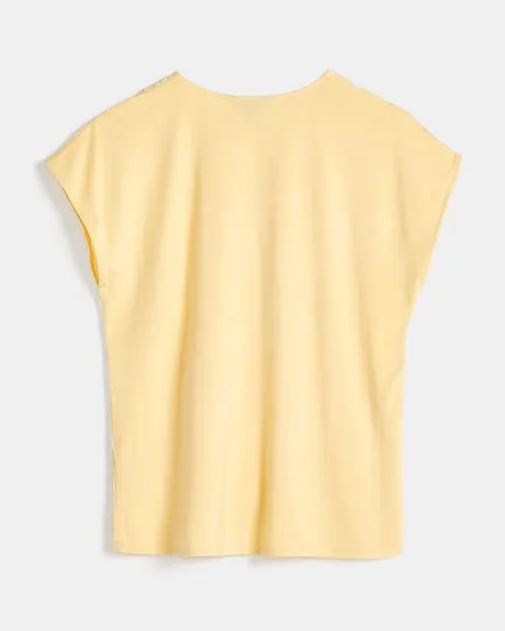 T-Shirt Bi-Matière à Col V avec Épaules Tombantes