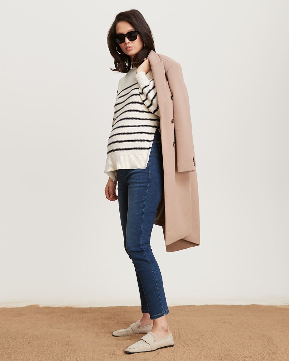Striped Crew-Neck Nursing Sweater with Back V Detail - Thyme Maternity