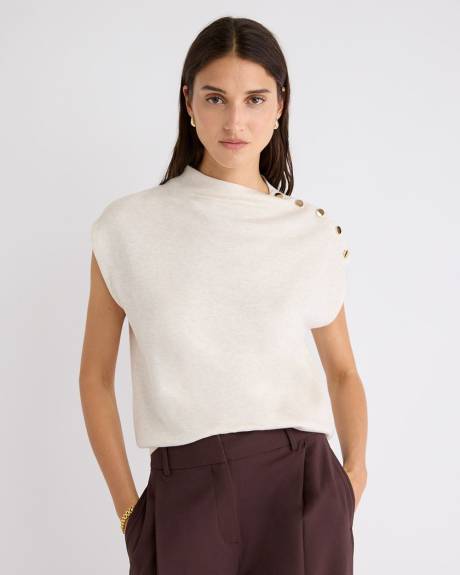 Sleeveless Mock-Neck Sweater with Buttons at Shoulder