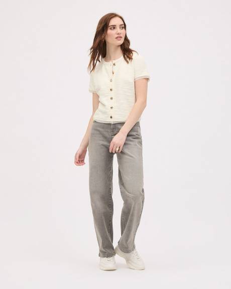 Short-Sleeve Crew-Neck Buttoned-Down Textured Top