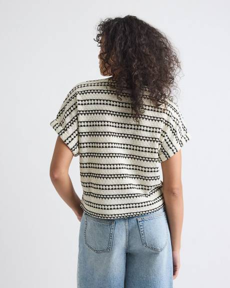 Striped Extended-Sleeve Crew-Neck Crochet Top
