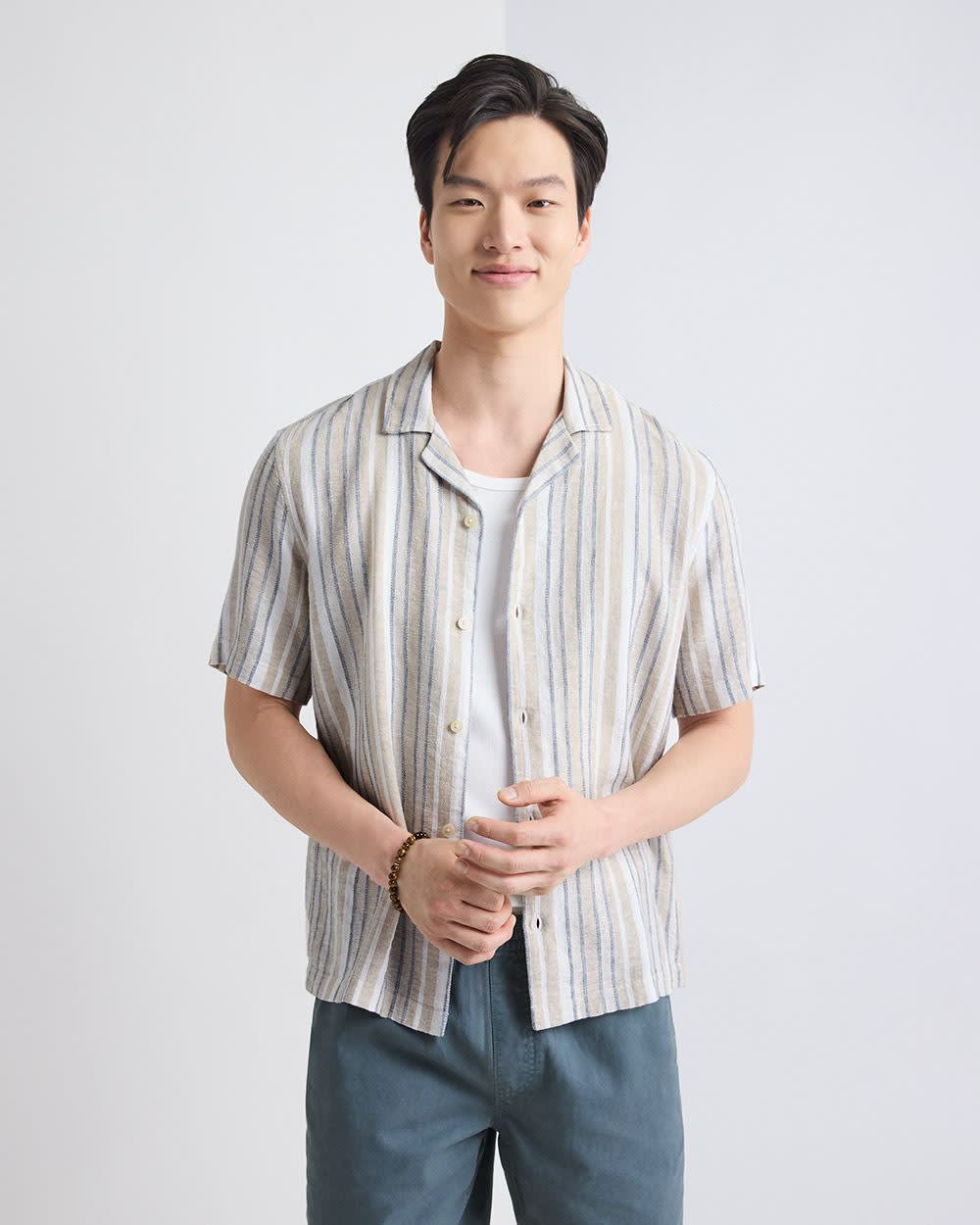 Linen-Blend Short-Sleeve Striped Shirt with Camp Collar
